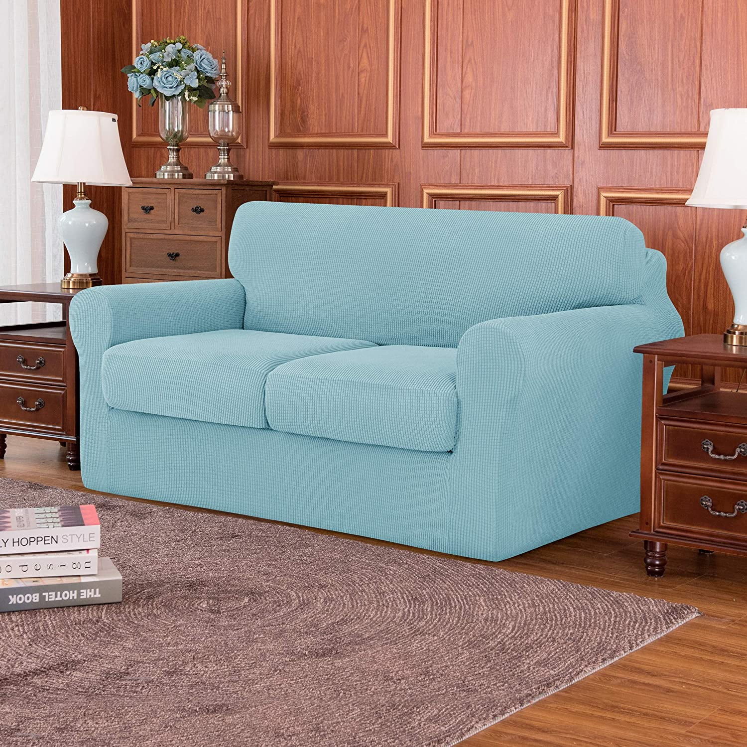 Subrtex 3-Piece High Spandex Textured Grid Sofa Slipcover, Separate Cushion Cover(Steel Blue, Loveseat)
