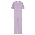 thumbnail image 4 of Dazajoo Women's 2 Piece Linen Set Summer Short Sleeve Crew Neck Tops and Wide Leg Pants with Pockets,Purple,XXXXL, 4 of 5