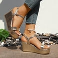 thumbnail image 5 of Rokment Platform Wedge Sandals for Women Dressy Sparkly Metallic Trending Leather Ankle Strap Chunky High Heels Dress Summer Shoes Bride Wedding Gold Size 6, 5 of 9