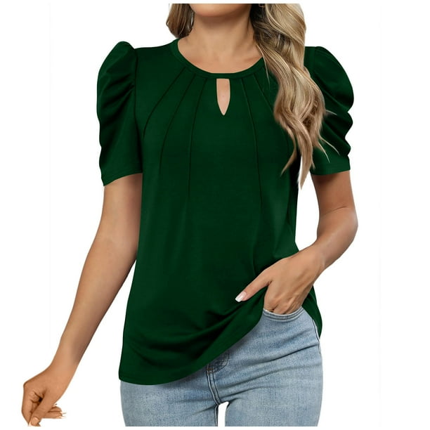 Camiseta de Manga Corta de Cuello Redondo de Color Sólido de la Moda para las Mujeres, Poliéster Casual Top, Lavado de Manos