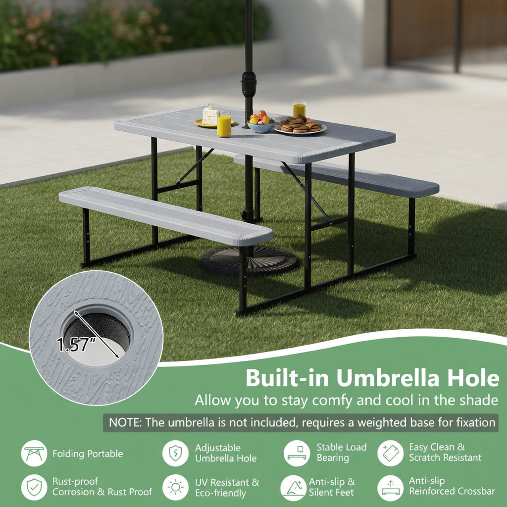 Hommoo Outdoor Picnic Table and Bench Set for 2-4 People, Rectangular HDPE Dining Table with Metal Frame, Weather-Resistant, Gray