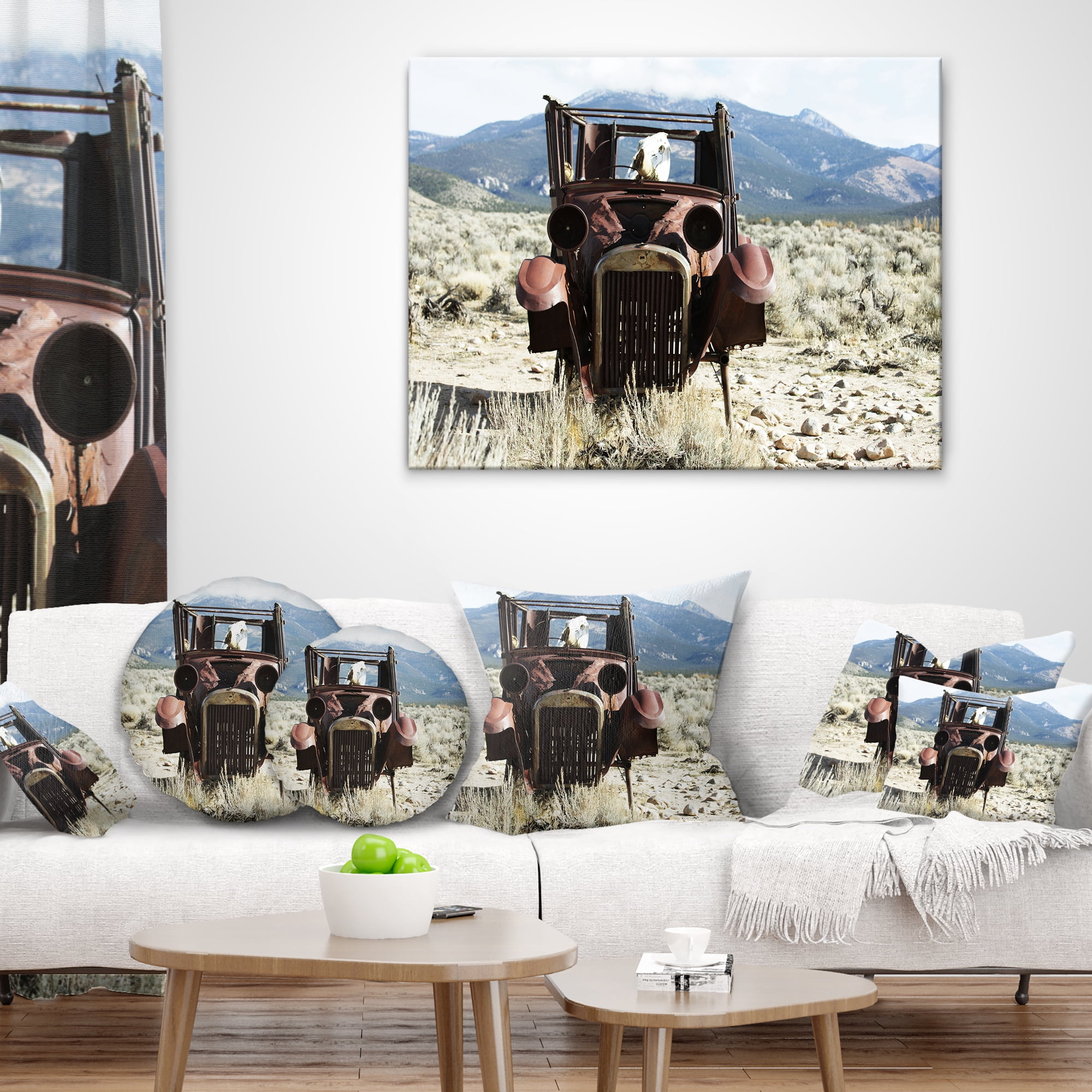 Designart Retro Car in Mountainous Area - Landscape Printed Throw Pillow - 18x18