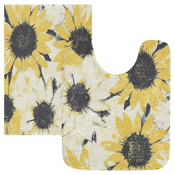 2 Piece Soft Bathroom Rug Set Yellow and White Sunflower Bath Mat and U-Shaped Toilet Contour Rug (16"x24" 20"x24")