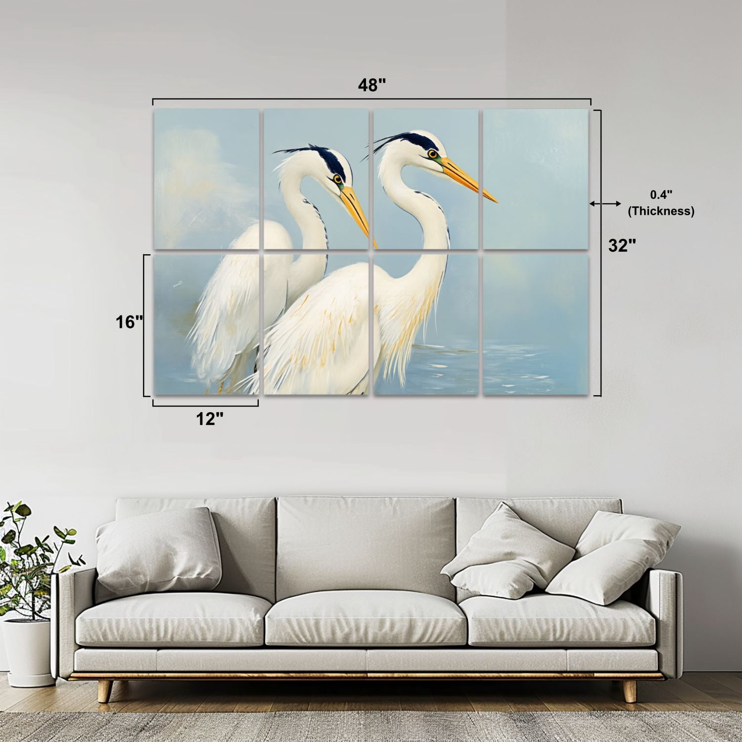 8 Pack Art Acoustic Panels Sound Absorbing Elegant Pair White Herons Blue Decorative Soundproof Wall Panels Self Adhesive for Nursery Game Room Bedroom 48"x32"