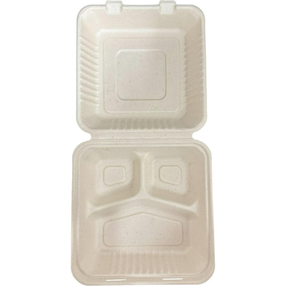 8 x 8 x 3 inches Bagasse 3-Compartment Disposable Hinged Containers 200 Pack Sugarcane Biodegradable Take out Bento Box (Natural)