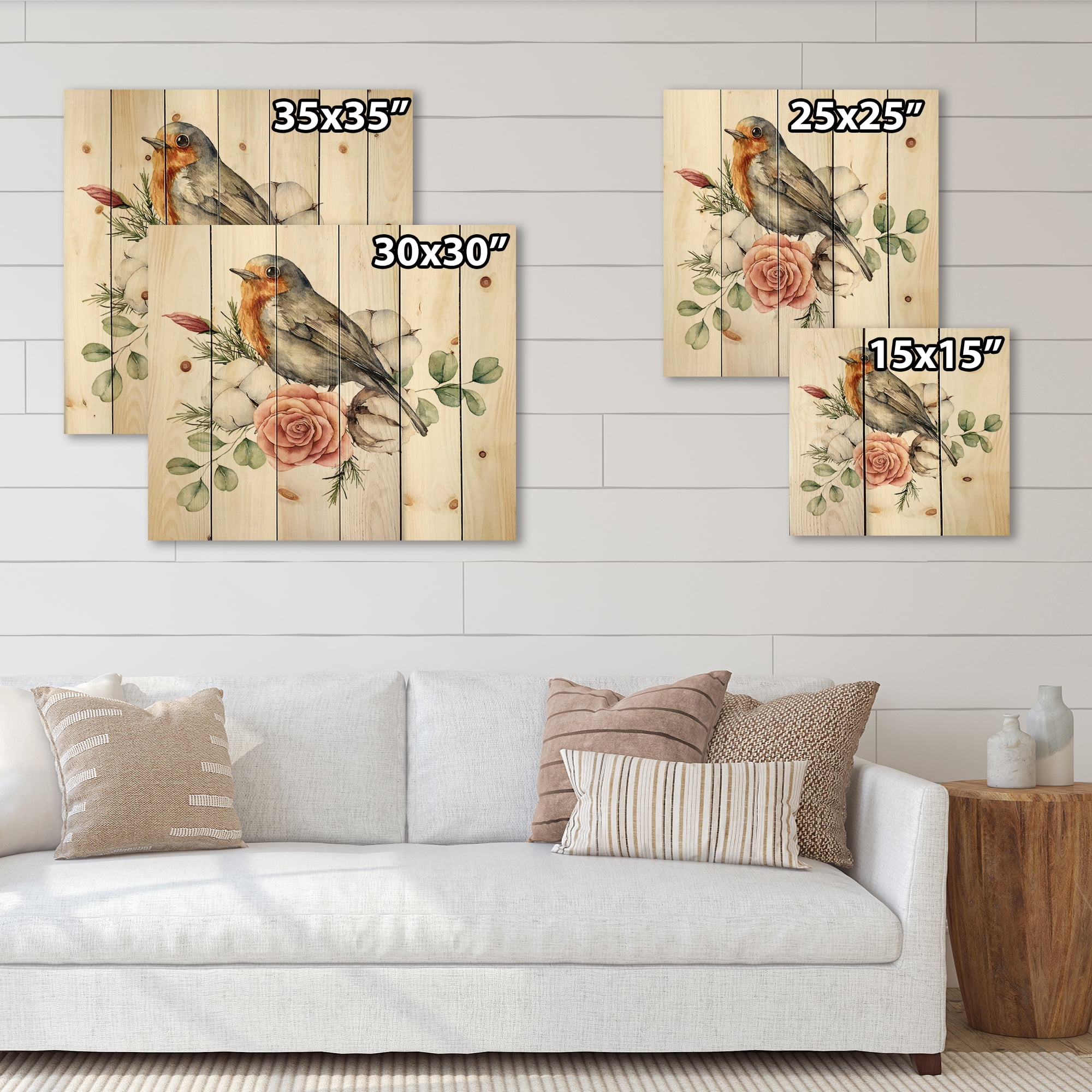 Designart 'Cotton Rose and Leaves With Robin Redbreast' Traditional Print on Natural Pine Wood