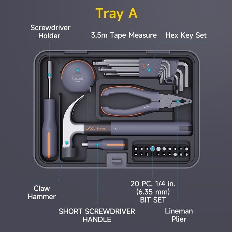 TOPTENG 34 PCS Household Basic portable Hand Repair Tool Set with Case, Screwdriver & Hex Key & Pliers & Hammer & Tape Measure & Pry Bar for Men Women