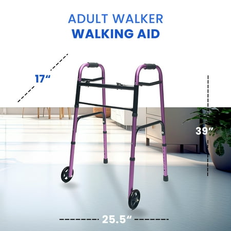 Lumex Everyday Adult Walker Walking Aid with 5" Front Wheels & Glide Tips, Plum