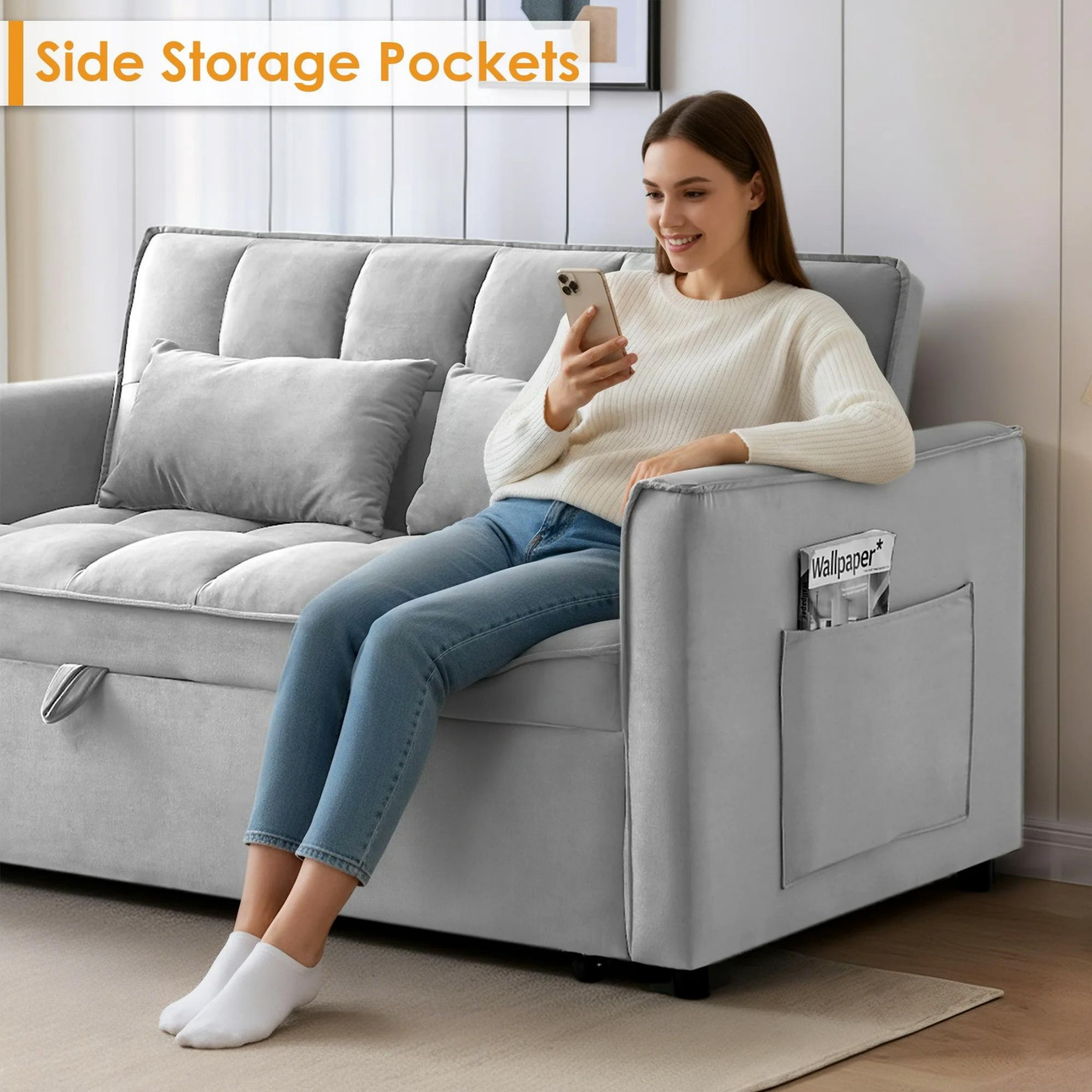 AISWORD Convertible Sofa Bed, 3 in 1 Pull Out Sleeper Loveseat Couch with Storage, Gray