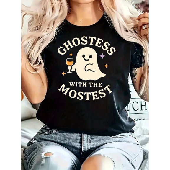 Ghostess With The Mostest Ghost And Wine Glass Print, Round Neck Casual T‑Shirt, Halloween Party
