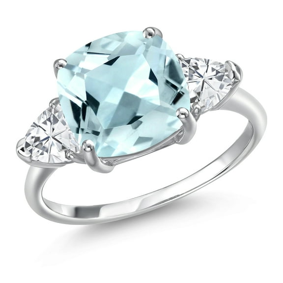 Gem Stone King 10K White Gold Sky Blue Simulated Aquamarine and White Zirconia Engagement Ring for Women | 5.34 Cttw | Cushion 10MM | Gemstone March Birthstone | Size 5