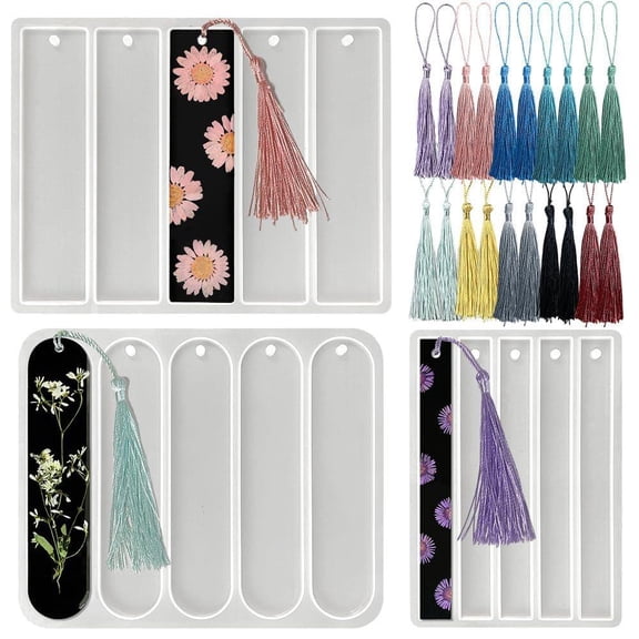 Pack of 3 Bookmarks Silicone Mold, Bookmark Resin Mold with Tassels, Includes Three Bookmark Molds and 20 Tassels, Small Medium Rectangle Bookmark Mold, for Making Birthday Gift, Christmas Gift