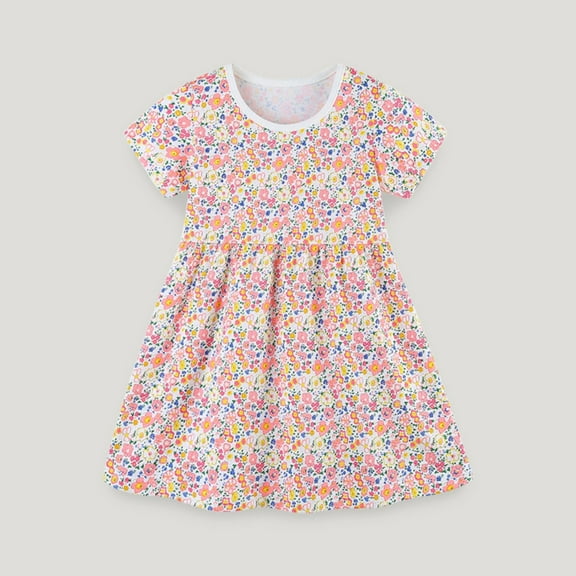 Cethrio Kids Girls Casual Dresses, Cute Cotton Short Sleeve Floral Print Summer Dress Pink Size 3T
