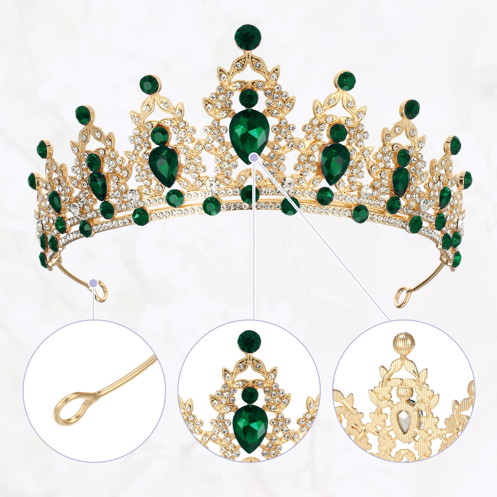 Unique Bargains Women Faux Crystal Queen Crown Tiara Rhinestone Gold Tone Green
