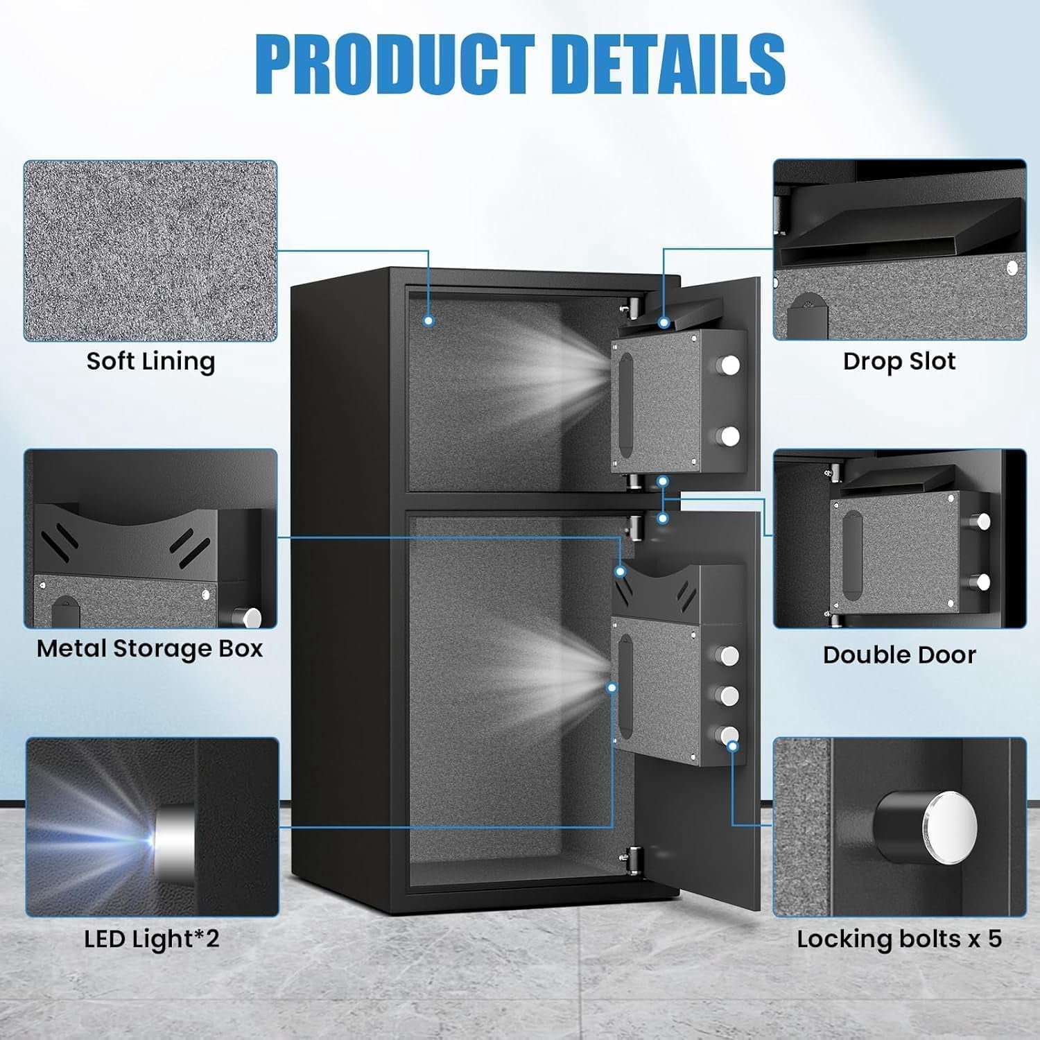 6.0 Cuft Large Safe Box with Drop Slot, Double Door Digital Security Safe Cabinet for Home Office Business, Dual Keypad Alloy Steel Cash Box with Inner LED Light, Mute Mode & 4 Emergency Keys