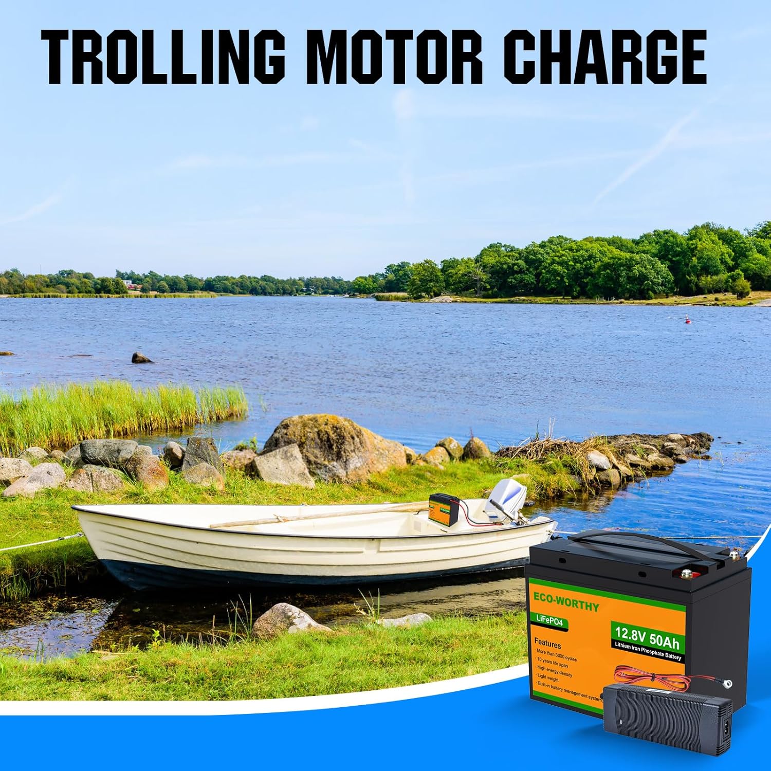 ECO-WORTHY 12V 50Ah Rechargeable LiFePO4 Trolling Motor Battery with 10A Smart Lithium Battery Charger, Up to 15000 Cycles, for Marine, Power Wheel Chair, Replacement of SLA Battery (Split Shipment)
