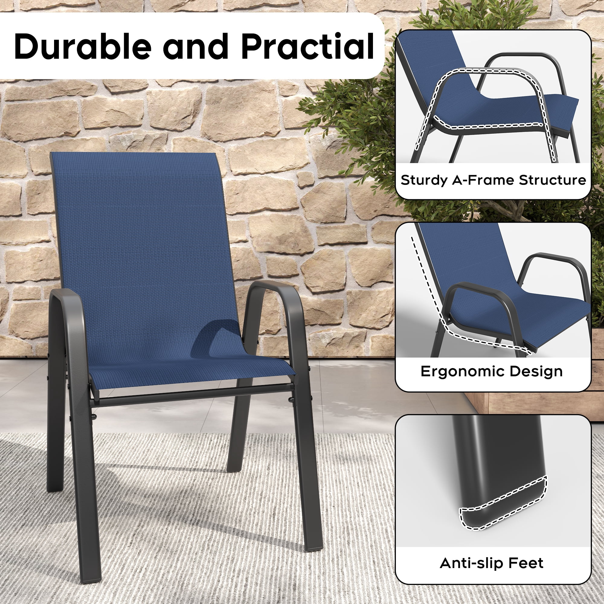4-Piece Outdoor Dining Chair 4-Piece Set with Wide Ergonomic Seat, 350 lb Capacity Heavy Duty Metal Frame, Waterproof Teslin Fabric & Rust-Resistant for Patio Restaurant, Navy Blue