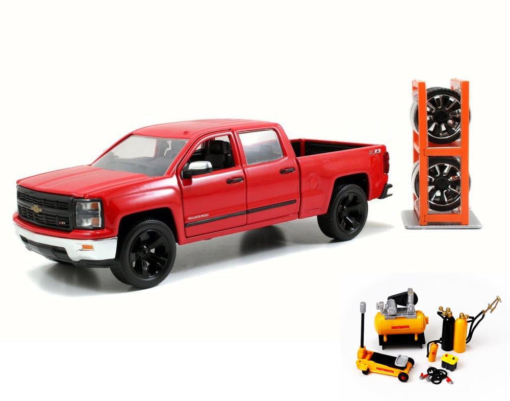 Diecast Car & Mechanic Set Package 2014 Chevy Silverado, Red Jada