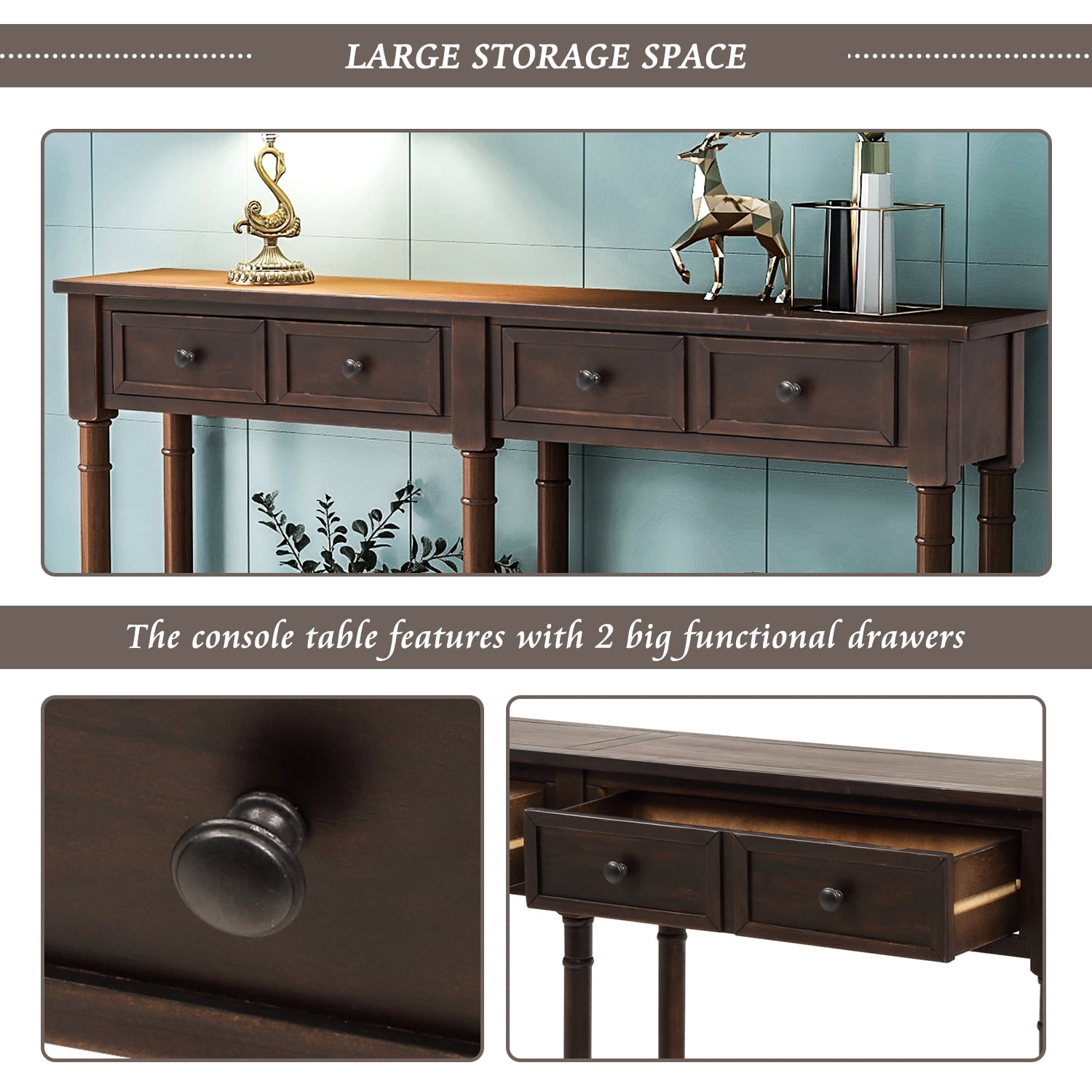 Wooden Console Table with Two Drawers and Bottom Shelf,Antique Entryway Table for Hallway Living Room,Espresso