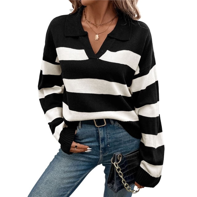 Suéter Holgado de Larga con Solapa para Mujer, Tejido A Rayas con Contraste de Colores. Negro L