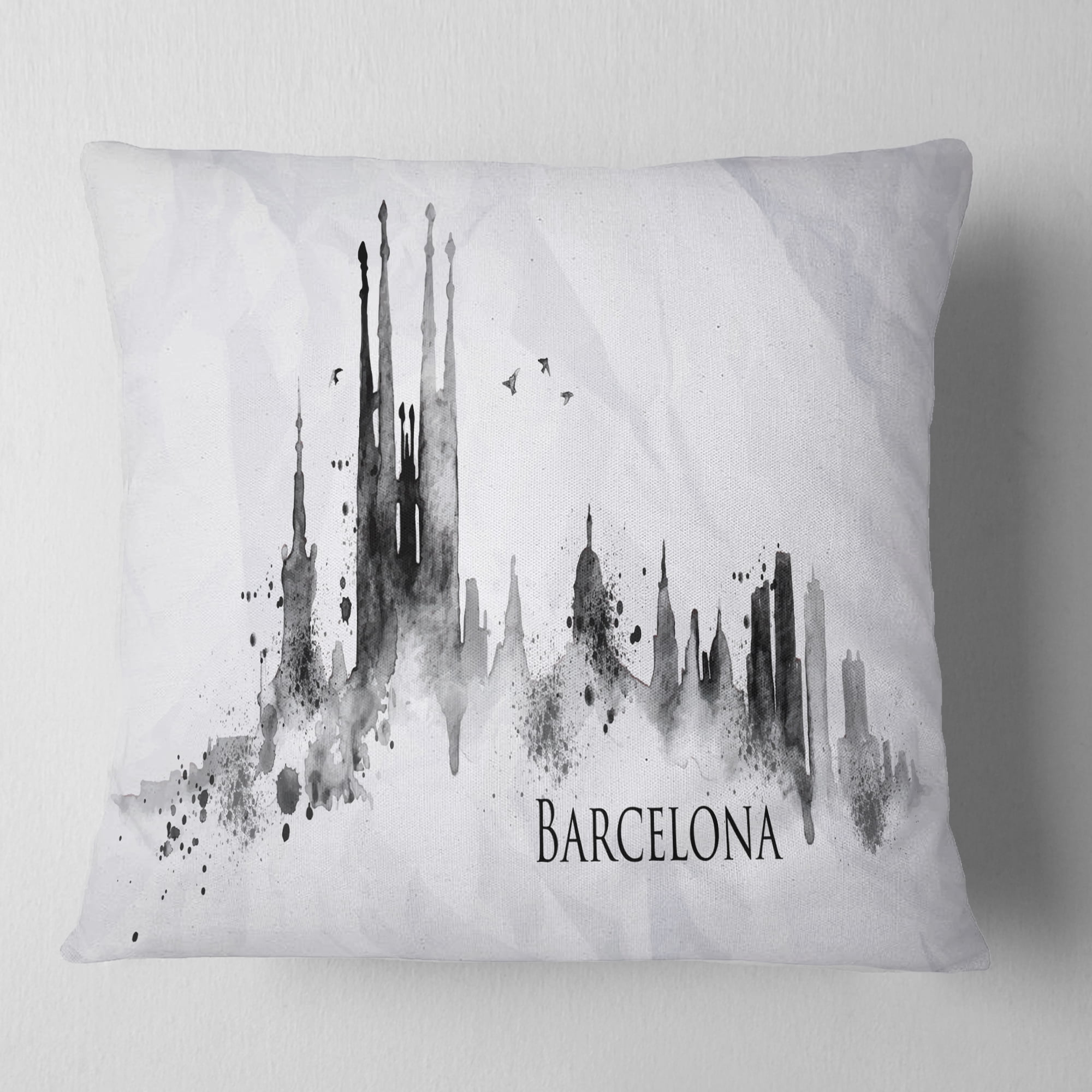 Designart Barcelona Black Silhouette - Cityscape Painting Throw Pillow - 16x16