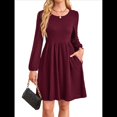 thumbnail image 3 of Vestido de Mujer con Mangas Largas Tipo Farol, Cuello Redondo, Falda Evasé, Moda de Otoño Vino Tinto L, 3 of 9
