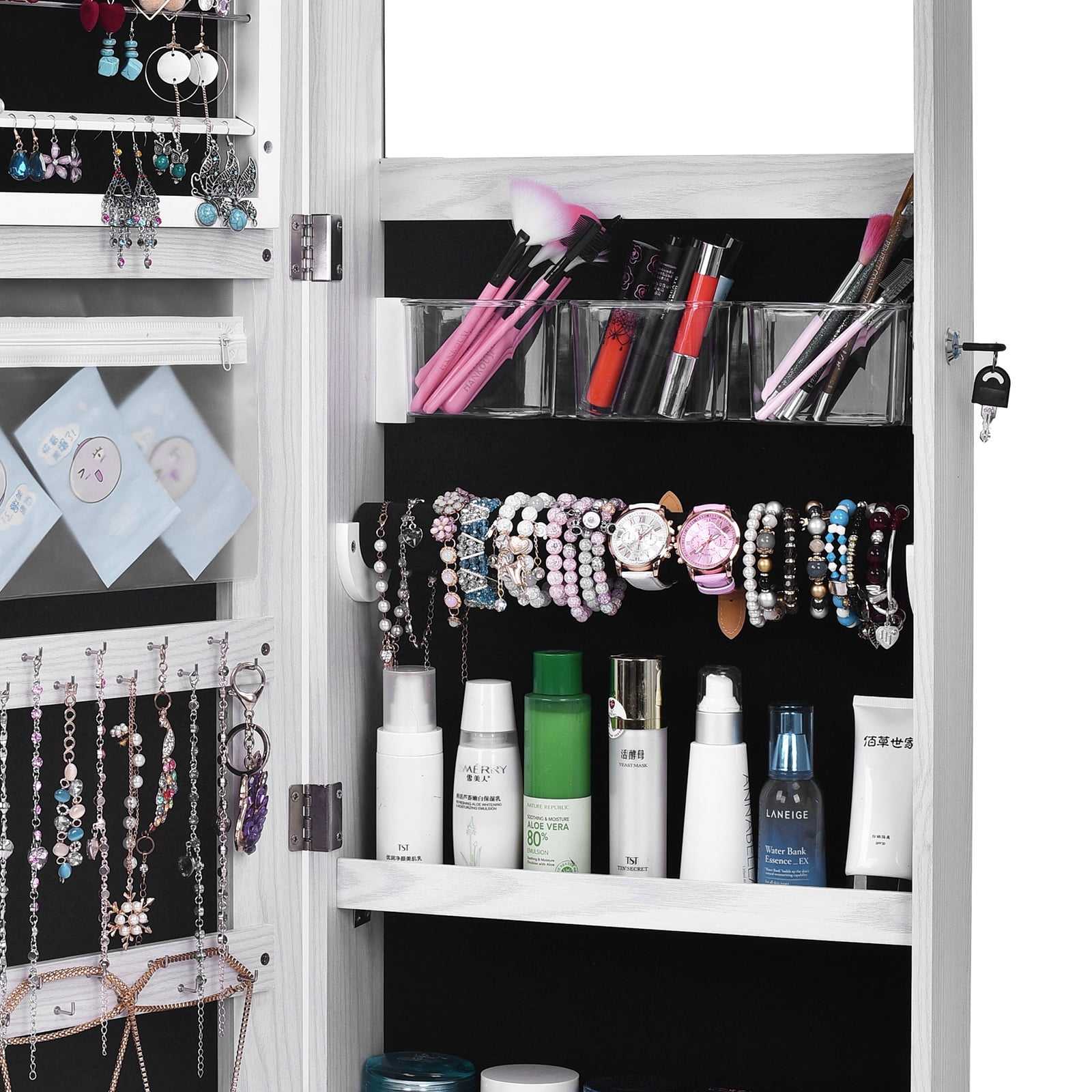 Private Jungle Retro PVC Wood Grain Coating Whole Body Mirror Decoration Storage Dressing Mirror Jewelry Mirror Cabinet,White