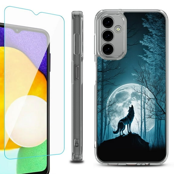 Shockproof Bumper Phone Case for Samsung Galaxy A14 5G, with Tempered Glass Screen Protector, by OneToughShield ® - Wolf Moon