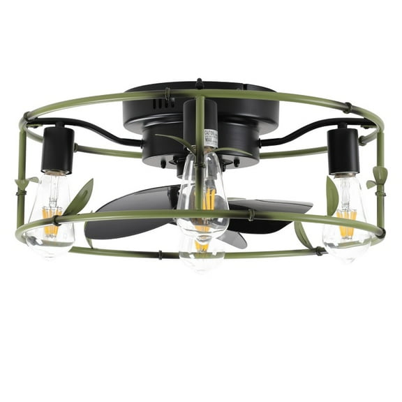19 Inch Green Industrial Caged Ceiling Fan with Light Flush Mount Rustic Design Remote Control 6 Speed Silent Reversible DC Motor For Bedroom Living Room Bulbs Not Included