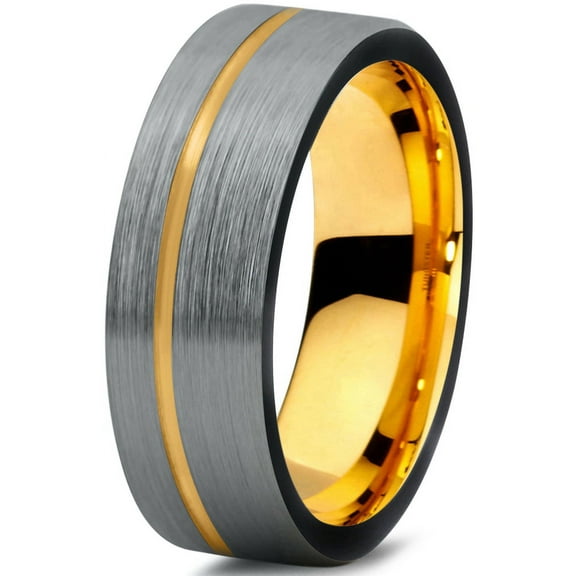 P. Manoukian Tungsten Wedding Band Ring 7mm for Men Women Black & 18K Yellow Gold Plated Pipe Cut Brushed Polished Lifetime Guarantee Size 4