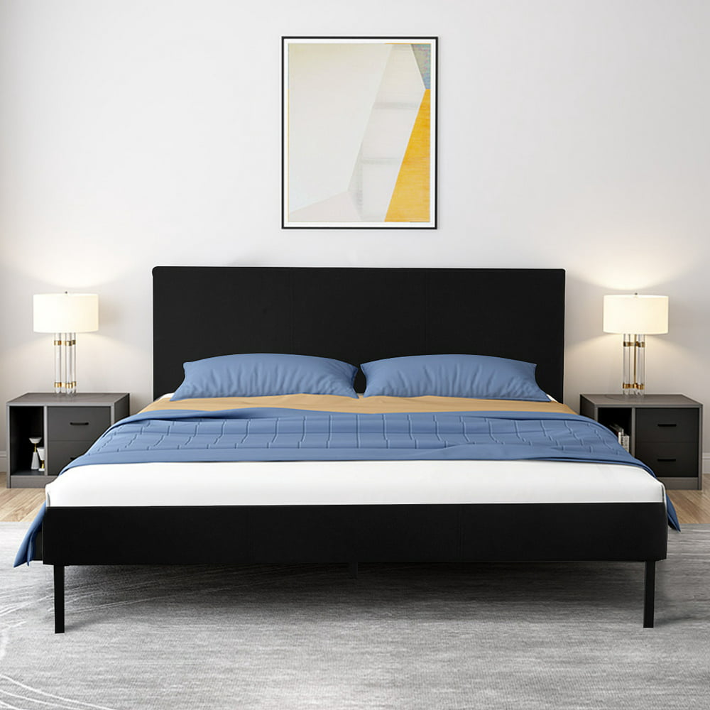 Queen Size Bed Frame - Black Faux Leather Upholstered Platform Bed