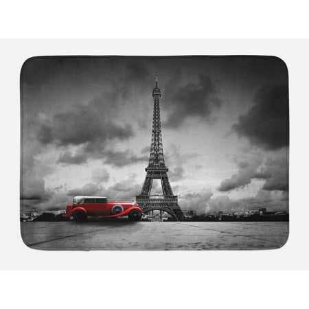 Paris France Tower - Eiffel Tower Bath Mat, Artistic Image of Eiffel Tower Paris France Vintage Car Street Dark Clouds, Non-Slip Plush Mat Bathroom Kitchen Laundry Room Decor, 29.5 X 17.5 Inches, Grey Black Red, Ambesonne