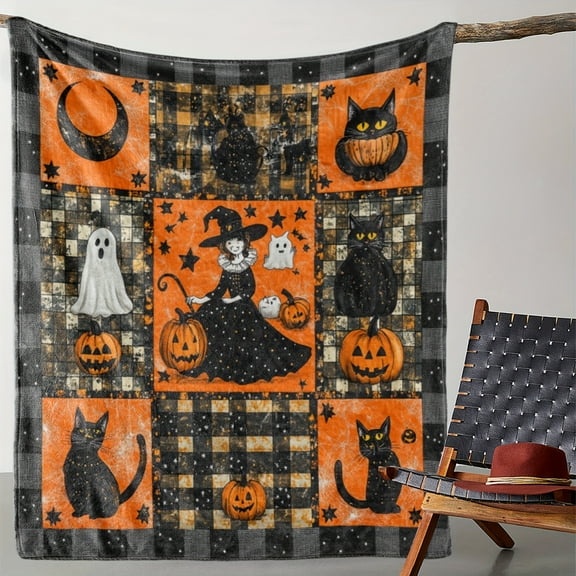 Vintage Witch Pumpkin Black Cat Halloween Throw Blanket – Cozy Soft Flannel All-Season Knitted Digital Print Polyester Throw for Couch, Bed, Office, and Travel – Halloween Theme Decorative Blanket
