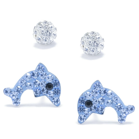 Marisol & Poppy Crystal Ball and Dolphin Stud Set in Sterling Silver for Women, Teen