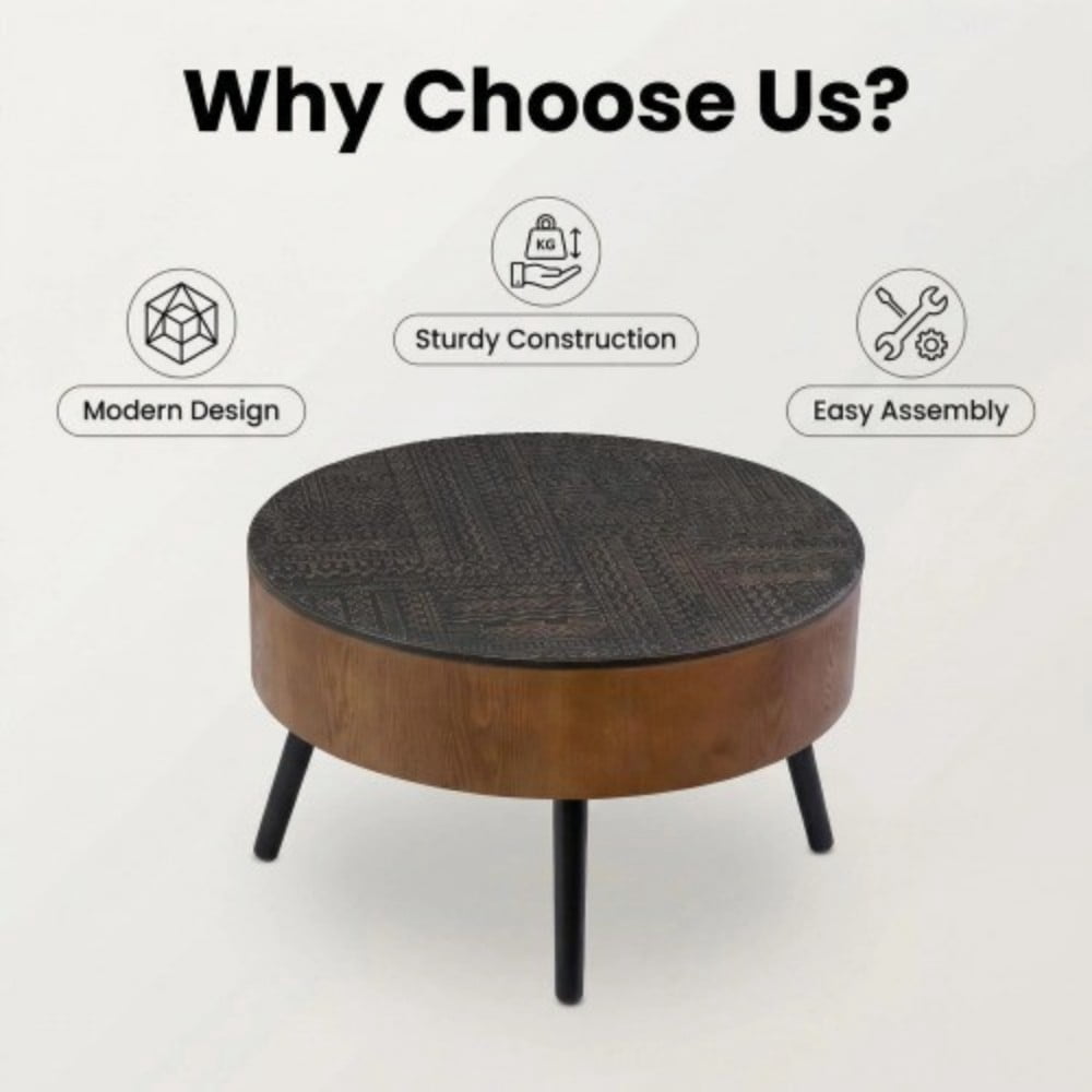 31.5" Round Coffee Table with Storage, Carved Wooden Tabletop, Mid-Century Modern Accent Table with Solid Wood Legs for Living Room, Apartment, Office, Black & Brown