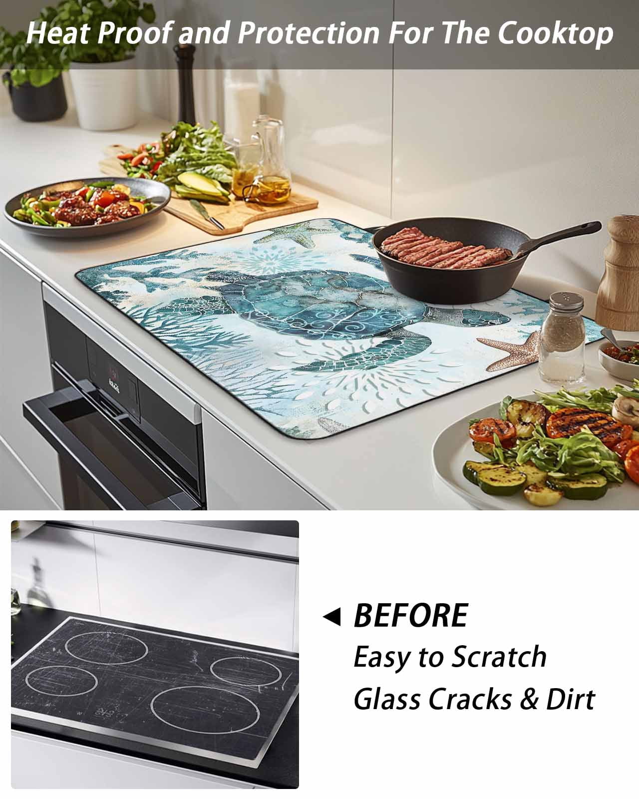 Stove Top Covers for Electric Stove, Teal Turtle Coastal Glass Stovetop Cover Protector, Summer Beach Starfish Nautical Sea Induction Cooktop Protector Oven Mat for Kitchen Countertop 24"x21"