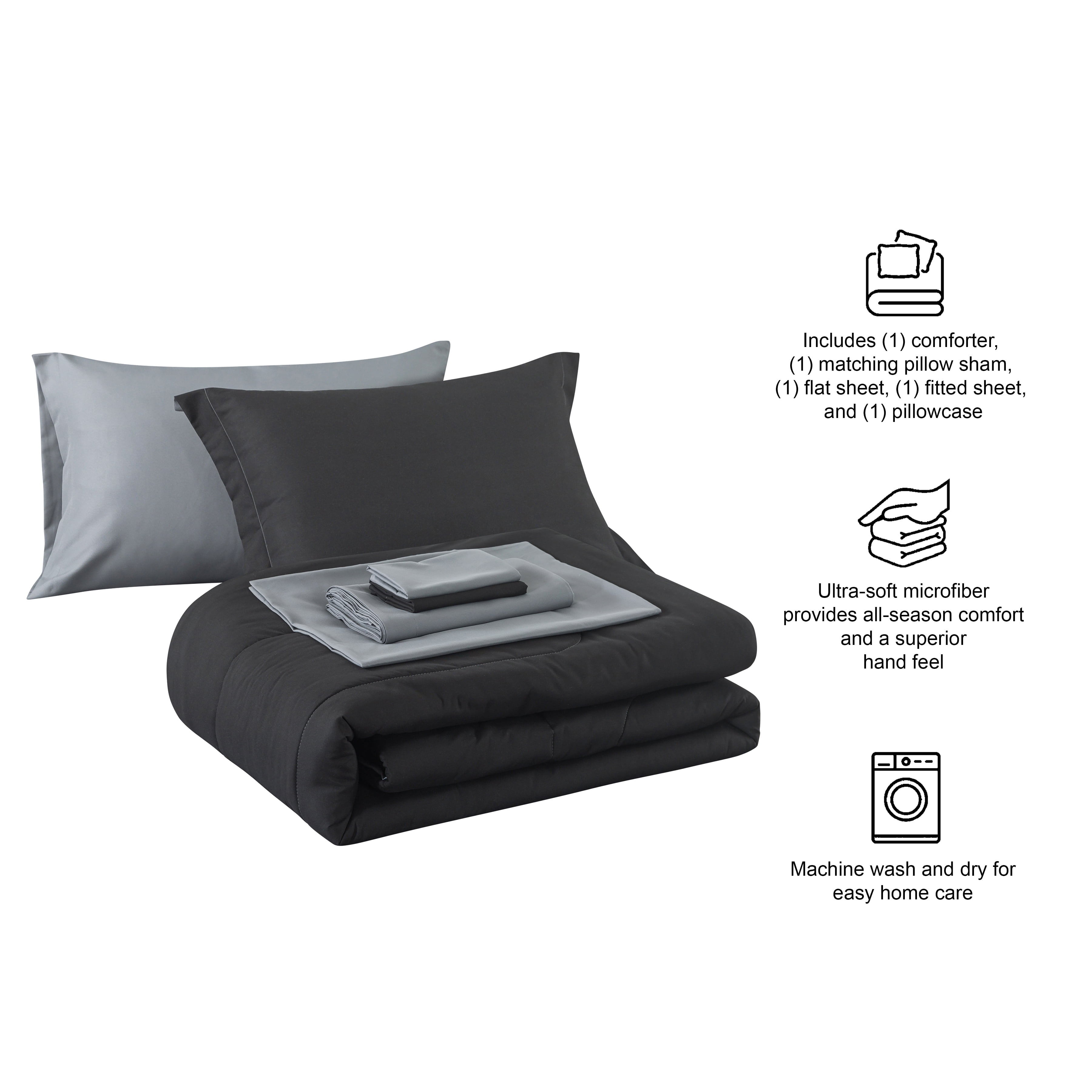 Mainstays 5-Piece Reversible Black Bed in a Bag Comforter Set with Sheets, TXL, Adult, Unisex