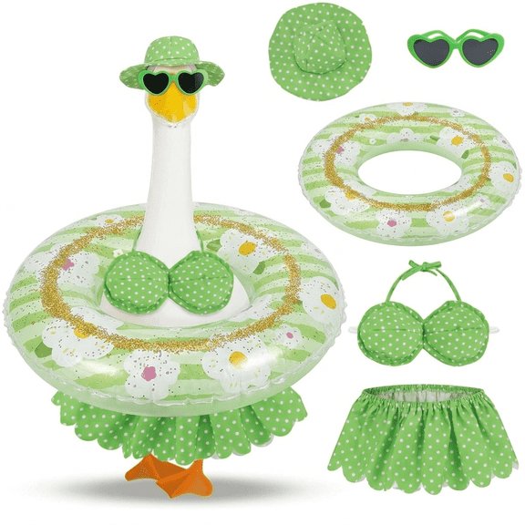 Porch Goose Hawaiian Outfit for 23-inch Lawn Statue, 5-Piece Green Bikini Set with Hat, Sunglasses and Swim Ring