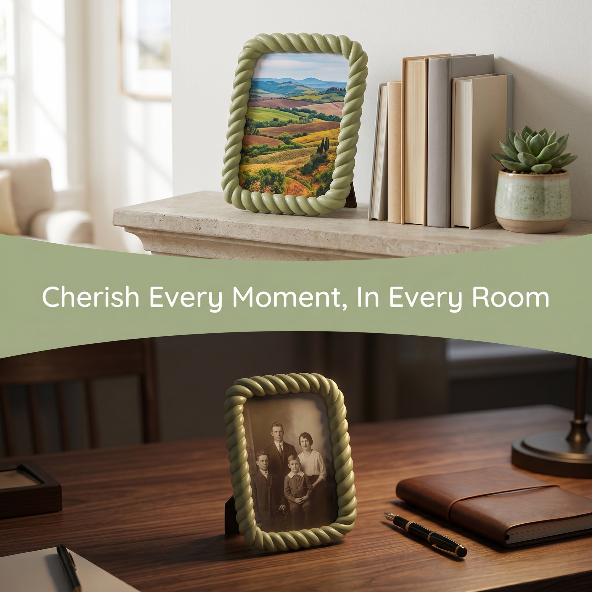 Unique Bargains Twisted Rope Resin Picture Frame for Coastal & Farmhouse Display Olive Green 4" x 6"