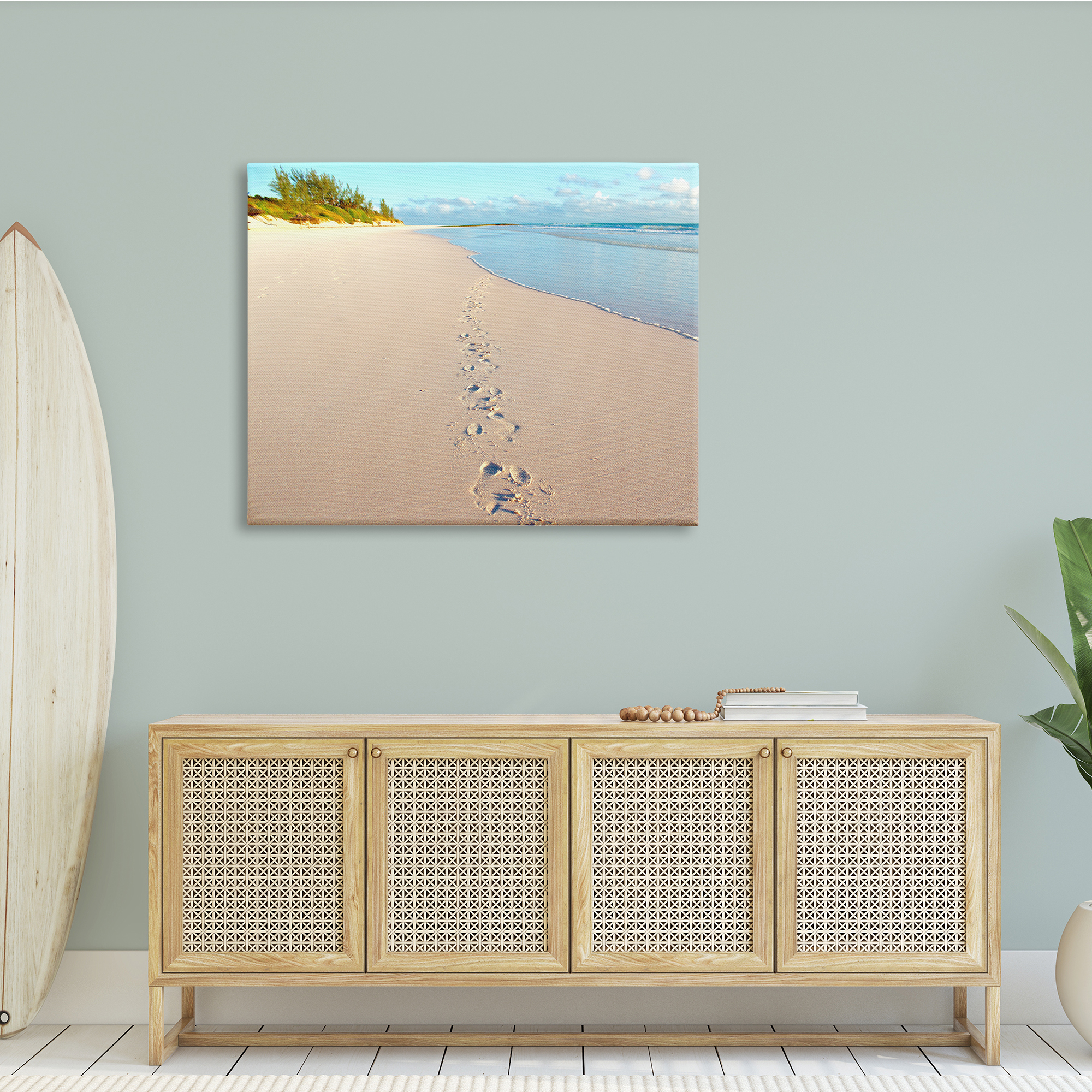 Stupell Indtries Sandy Footprints Across Beach Coastline Cloudy Nautical Horizon,48 x 36,Design by Jairo Rodriguez