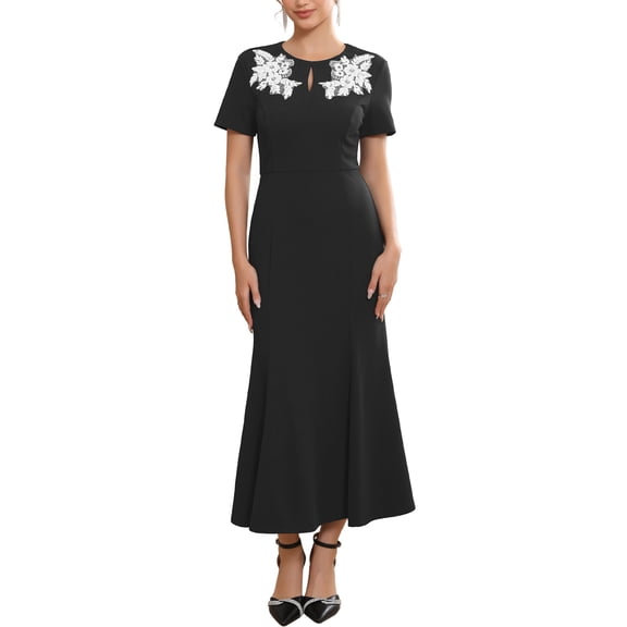 INSPIRE CHIC Women's Cocktail Dress Floral Embroidered Crewneck Fishtail Midi Formal Evening Dresses S Black