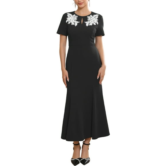 INSPIRE CHIC Women's Cocktail Dress Floral Embroidered Crewneck Fishtail Midi Formal Evening Dresses S Black