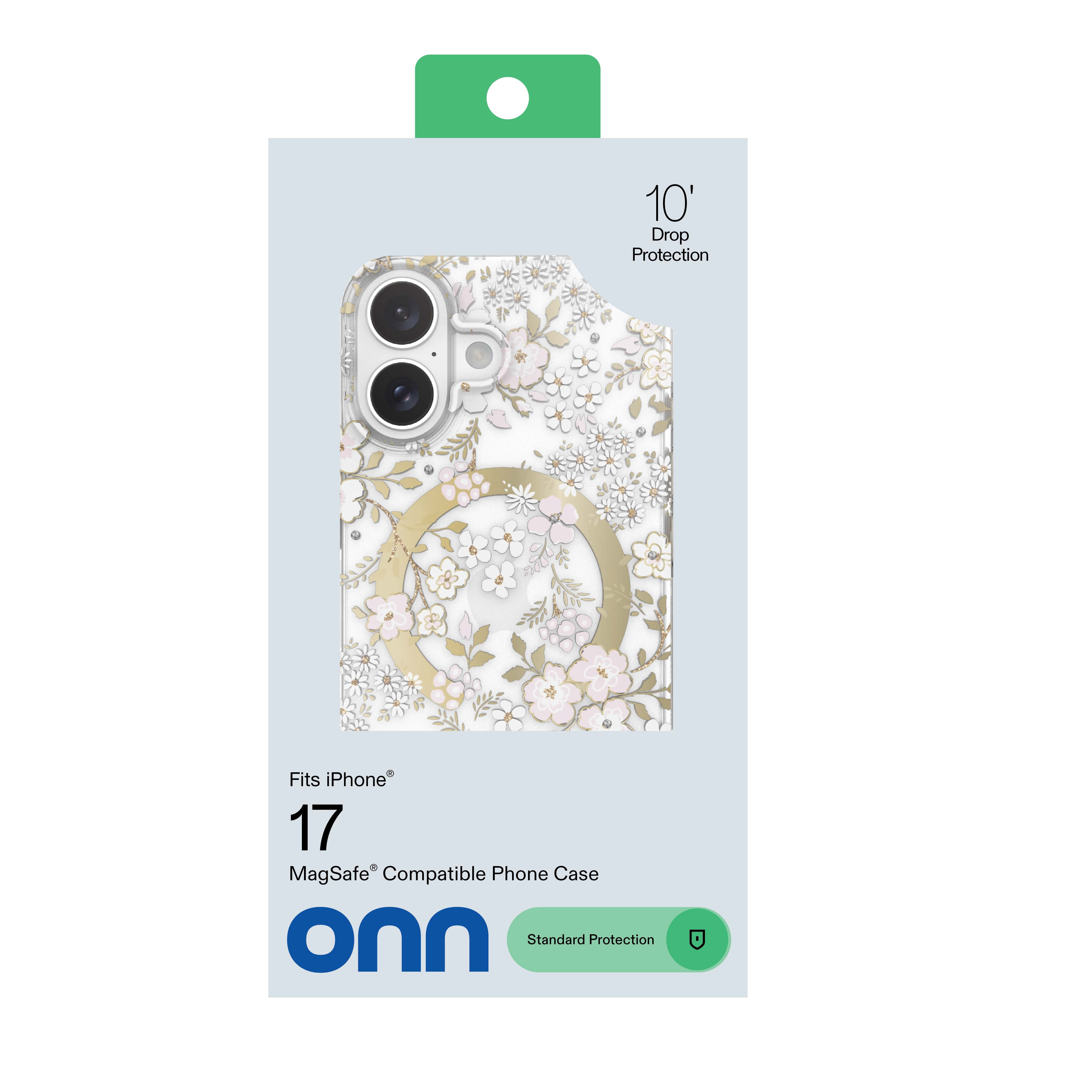 onn Phone Case for iPhone 17, MagSafe Compatible - Pink & White Floral with Gems