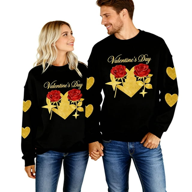 Chandails pour Couple, Tenues Assorties à Imprimé de Cœur Rose, Hauts Décontractés et Tendance à Col Rond à Manches Longues pour la Saint-Valentin, Tenue d'Hiver et de Printemps