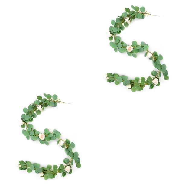 Jumpingount Guirnalda de rosas artificiales de eucalipto de 2m, telón de fondo de boda DIY, de pared, decoraciones para exteriores, hojas de eucalipto Núcleo de rosa blanca 2piezas Jumpingount CBP102557