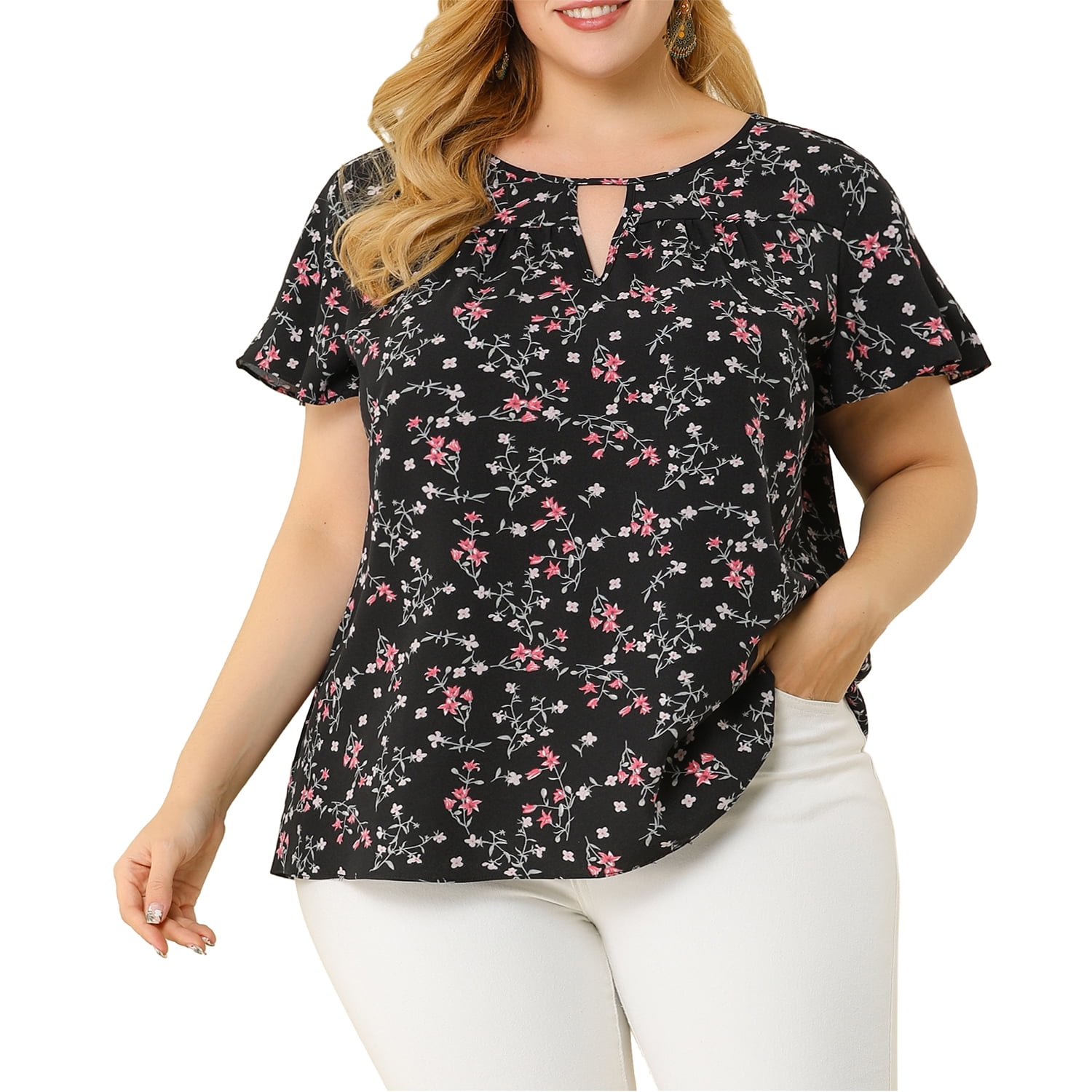 Agnes Orinda Women's Plus Size Dressy Shirts, Floral Keyhole