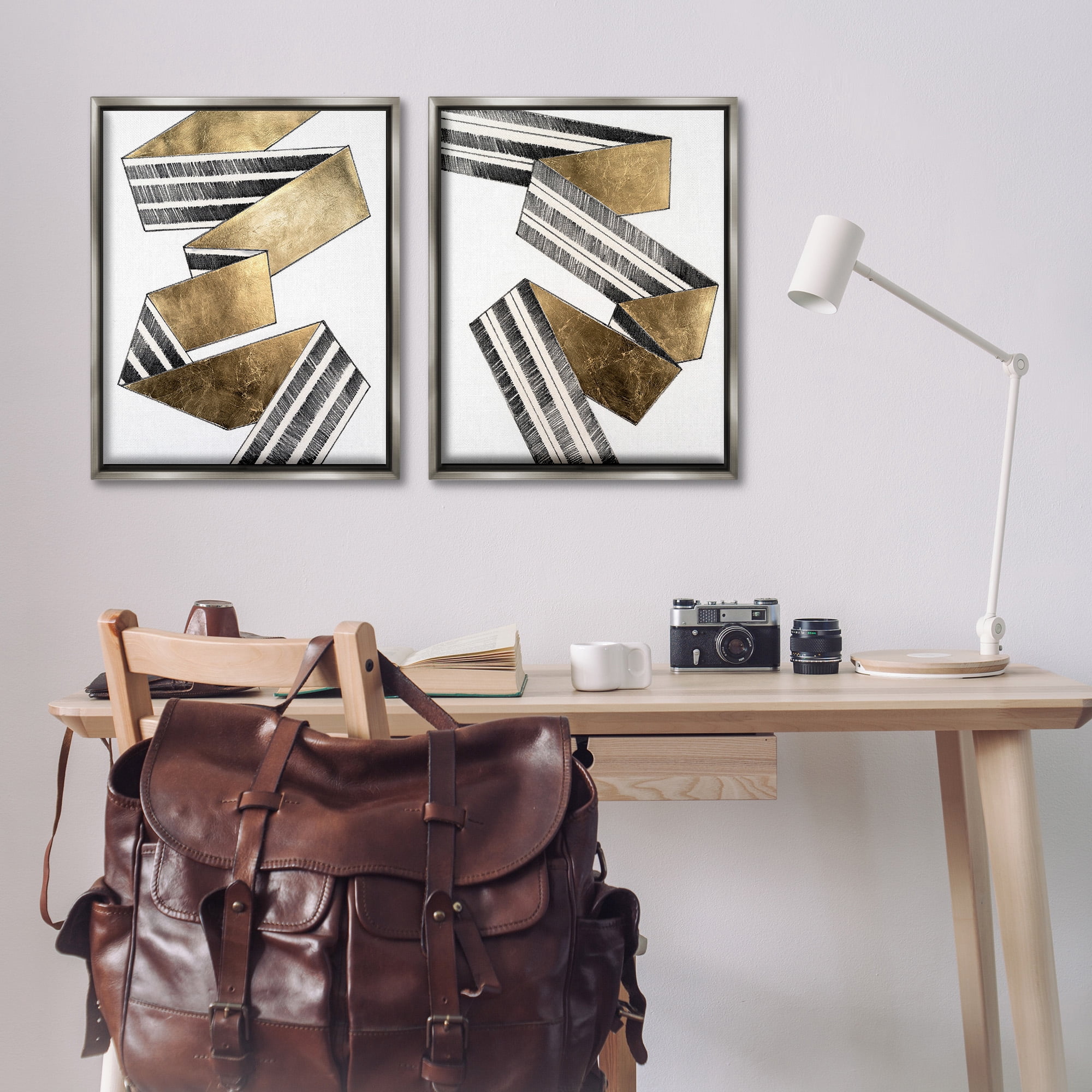 Stupell Industries Cascading Patterned Ribbon Abstract Painting Gray Floater Framed Canvas Art Print Wall Art, 25 x 31, Set of 2