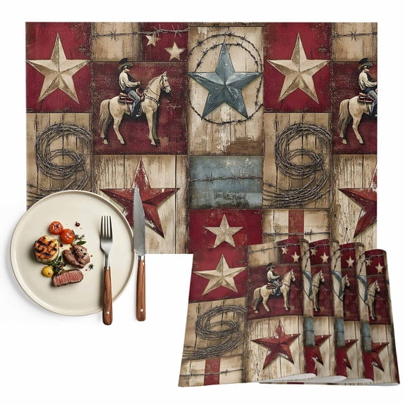 Western Farmhouse Placemat of 1 PC, Vintage Wood Texture Barn Star Table Mats Washable Heat-Resistant Non-Slip Place Mats for Kitchen Dinner Table Indoor Outdoor Decor,13x19 Inch Red Gray
