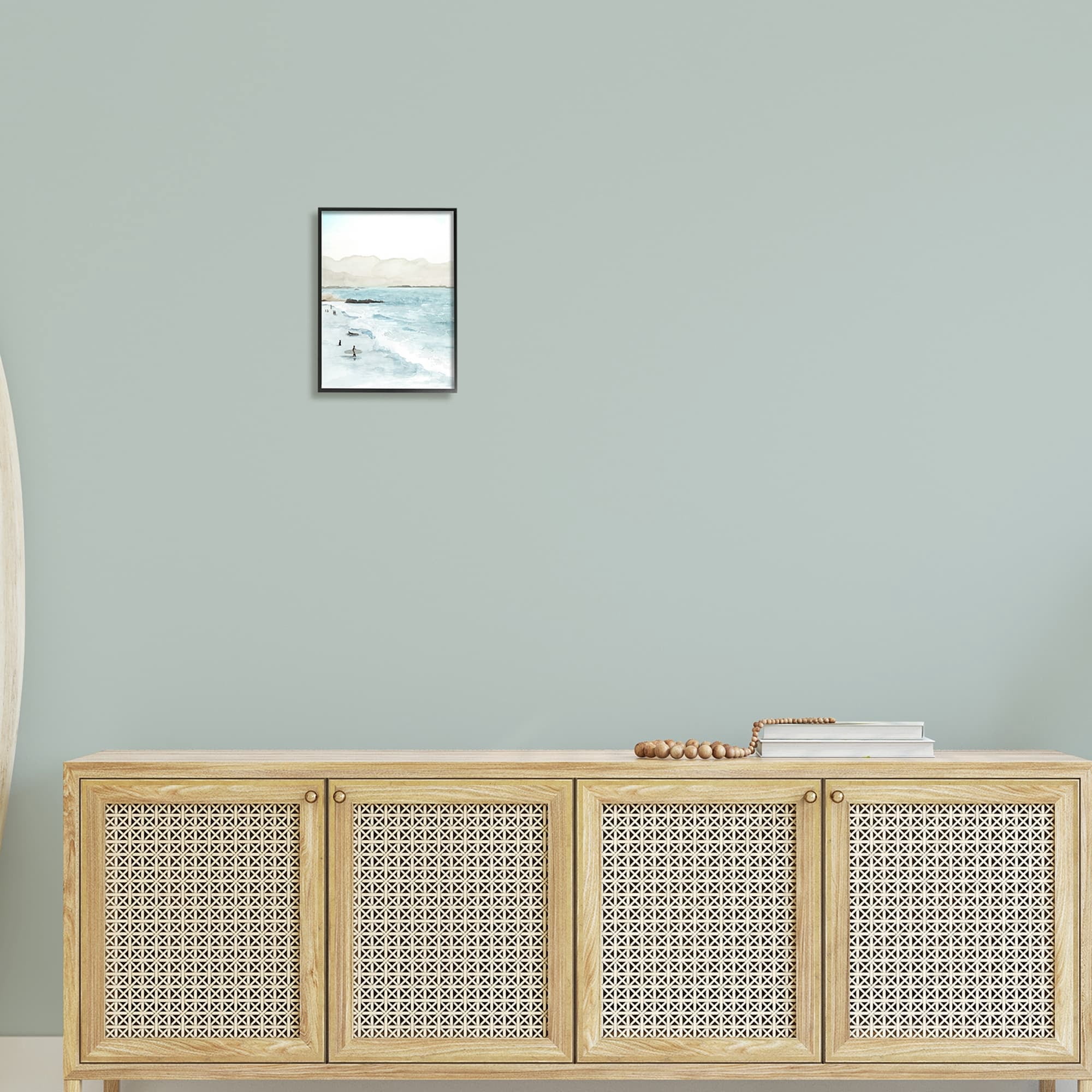 Surfing Shoreline Sea Waves Foggy Mountains Coastal Painting Framed Art Print Wall Art