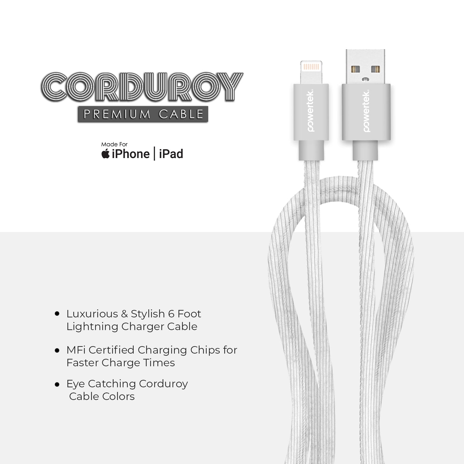 Liquipel Powertek Corduroy USB-A to Lightning - White
